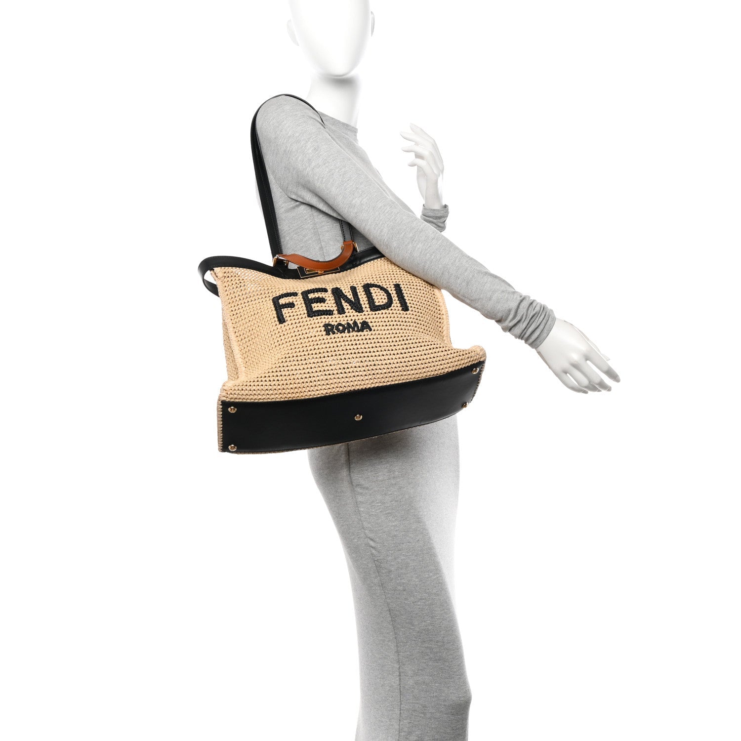 Raffia Vitello King Macrame Mesh Large Peekaboo X-Tote Natural Black Cuoio