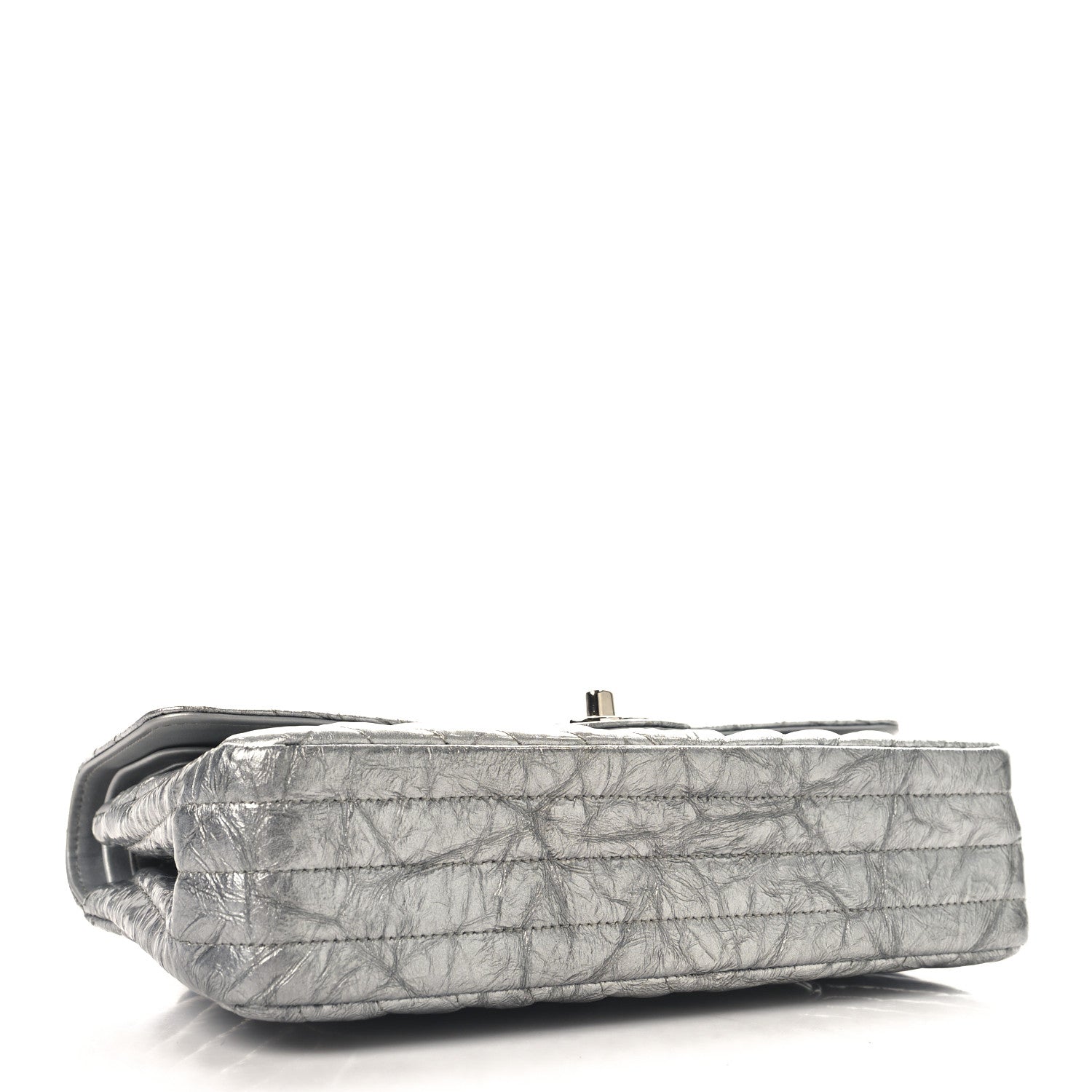 Metallic Patent Crumpled Calfskin Chevron Quilted Medium Double Flap Silver