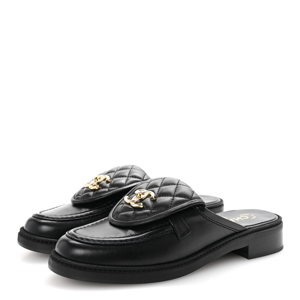 Lambskin Quilted CC Turnlock Mules 38.5 Black