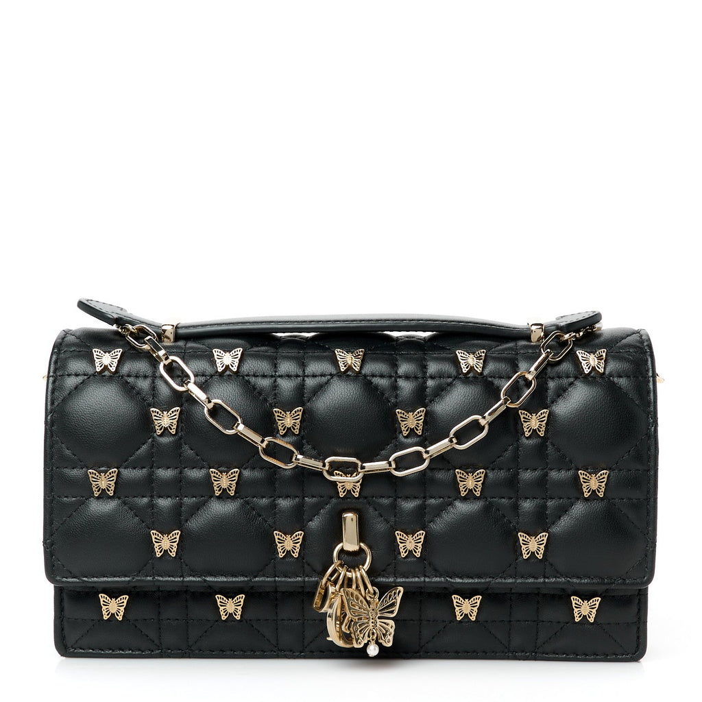 Lambskin Cannage Butterfly Studs Miss Dior Pouch Black