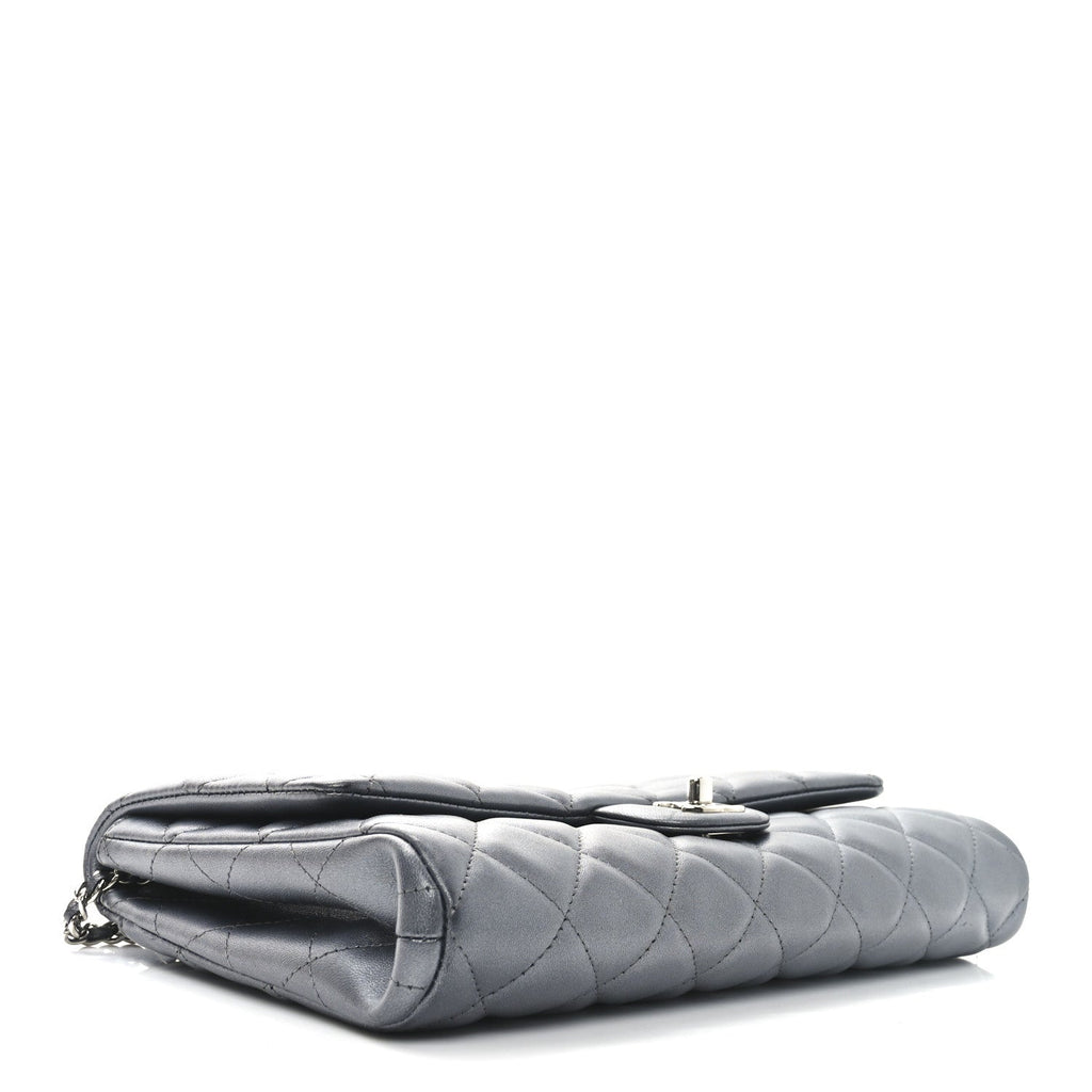 Metallic Lambskin Quilted Clutch With Chain Flap   Dark Grey