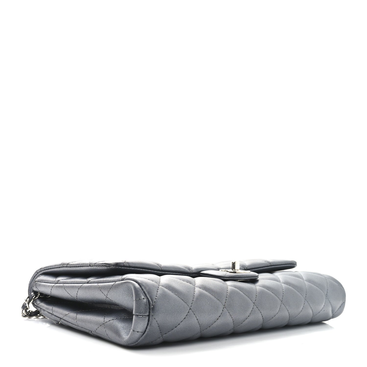 Metallic Lambskin Quilted Clutch With Chain Flap   Dark Grey
