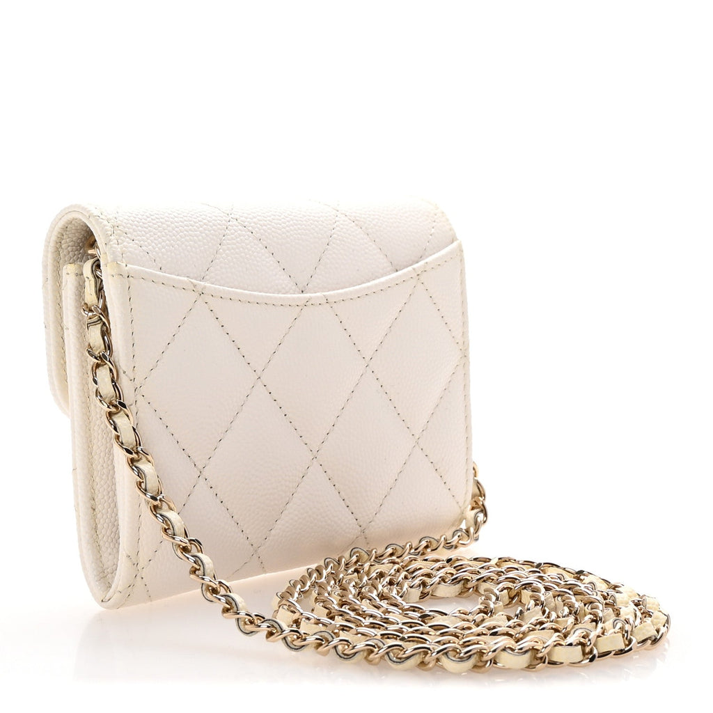 Caviar Quilted Flap  Holder On Chain White