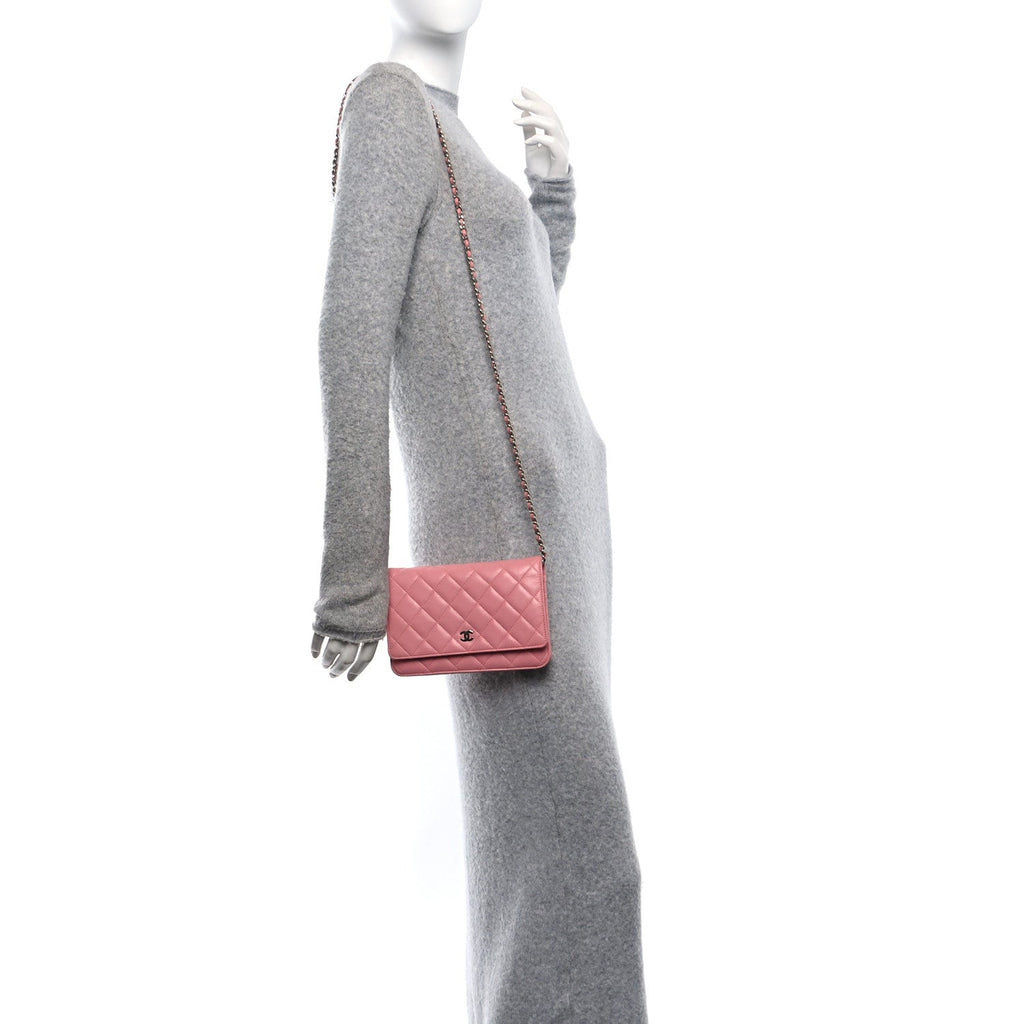 Lambskin Quilted Wallet On Chain WOC Pink