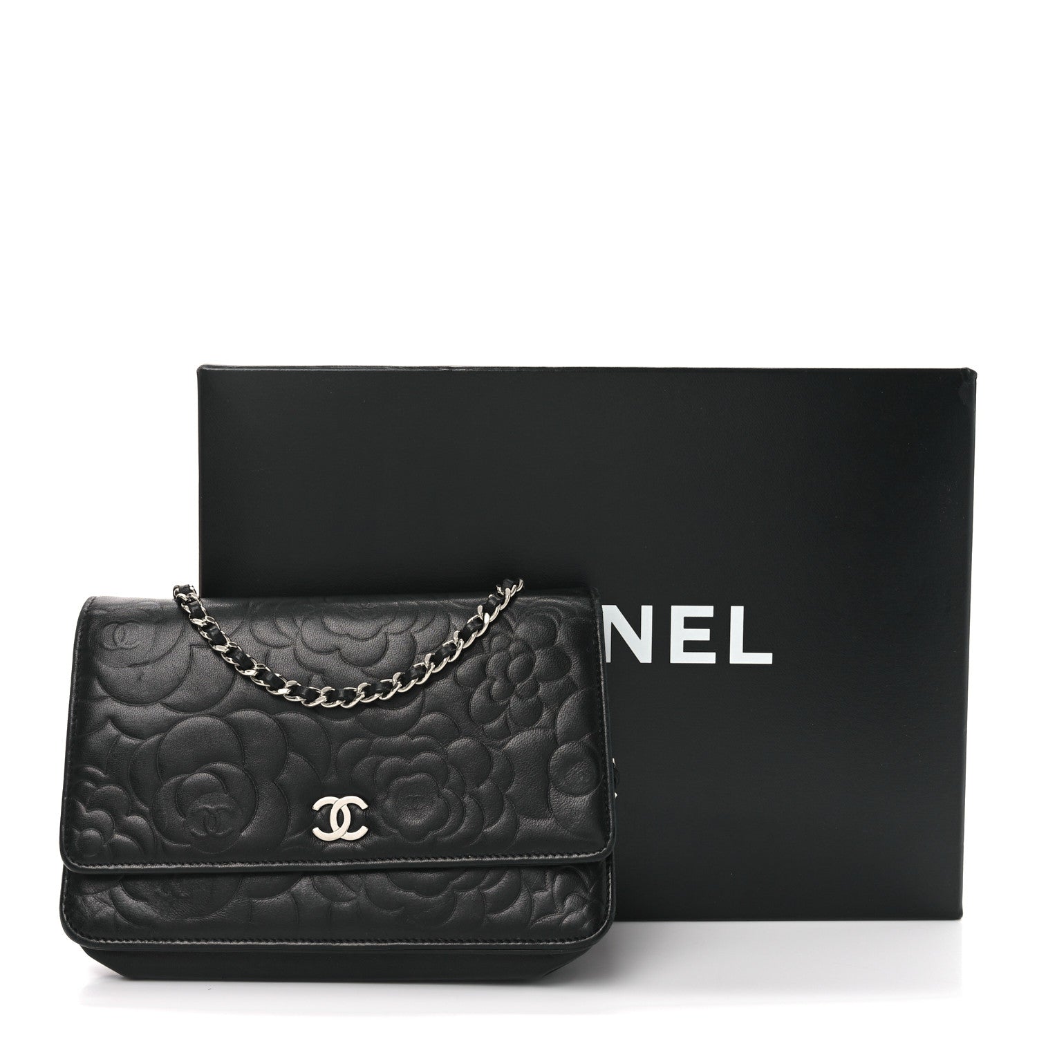 Lambskin Camellia Embossed Wallet on Chain WOC Black