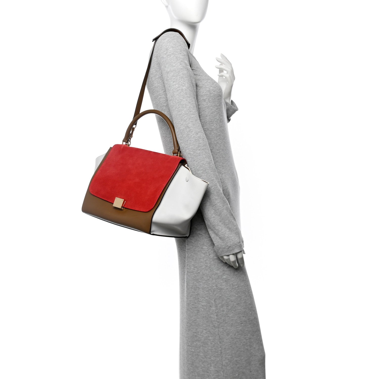 Smooth Calfskin Suede Medium Tri-Color Trapeze Vermillion