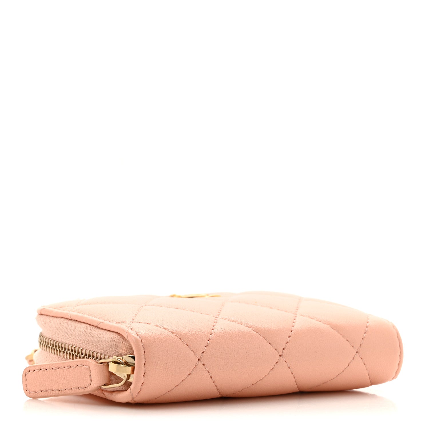 Lambskin Quilted CC Pearl Crush Zip  Holder On Chain Pink
