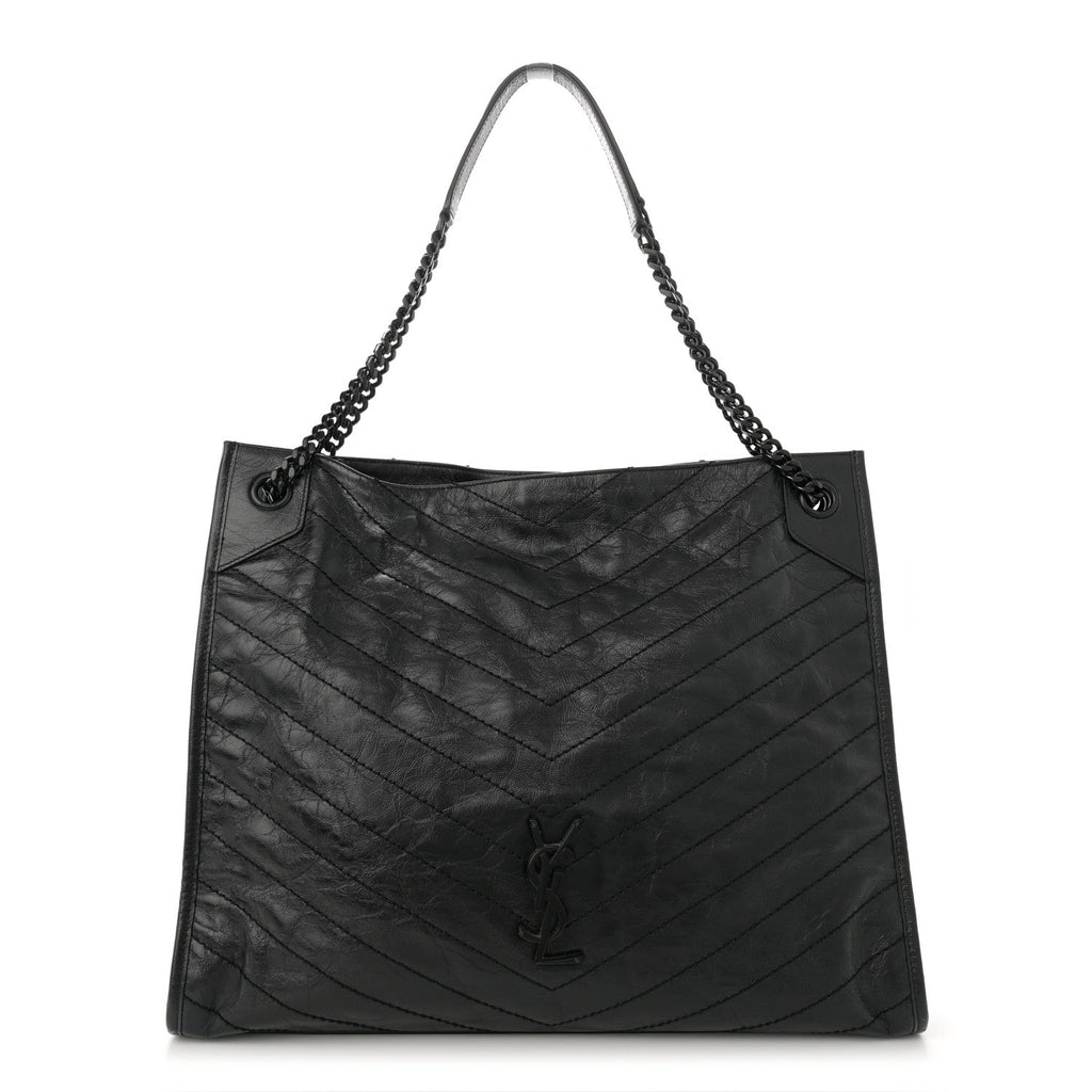 Crinkled Calfskin Matelasse Monogram Large Niki Shopper Tote Black