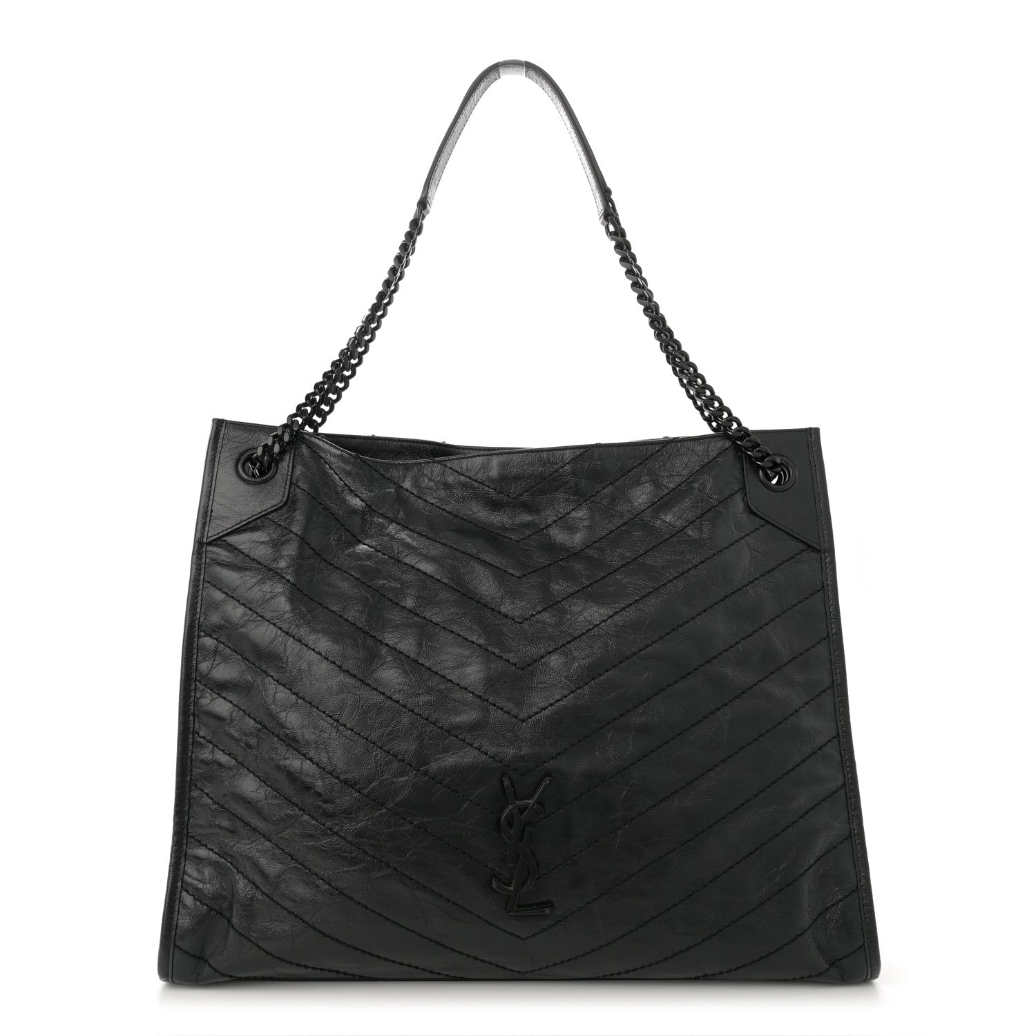 Crinkled Calfskin Matelasse Monogram Large Niki Shopper Tote Black