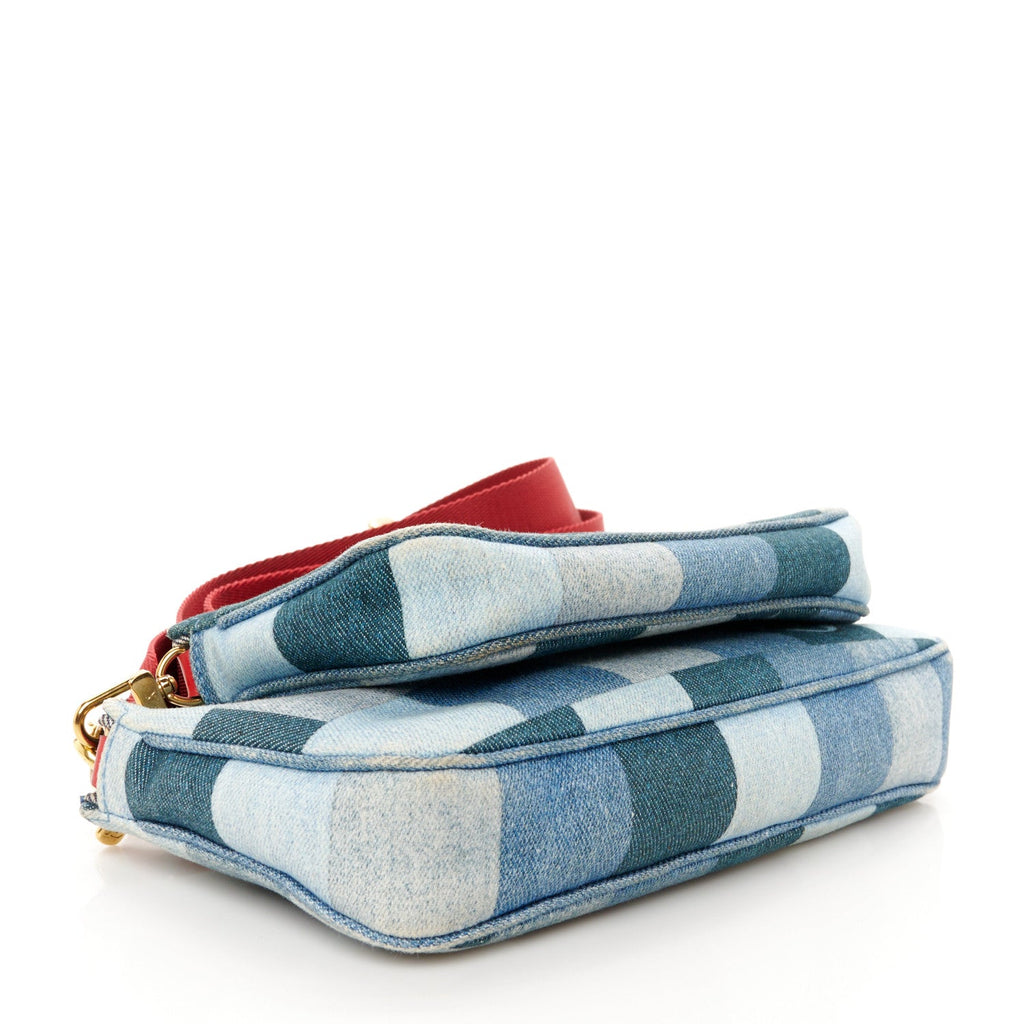 Denim Damier Monogram Patchwork Multi Pochette Accessories Blue Rouge