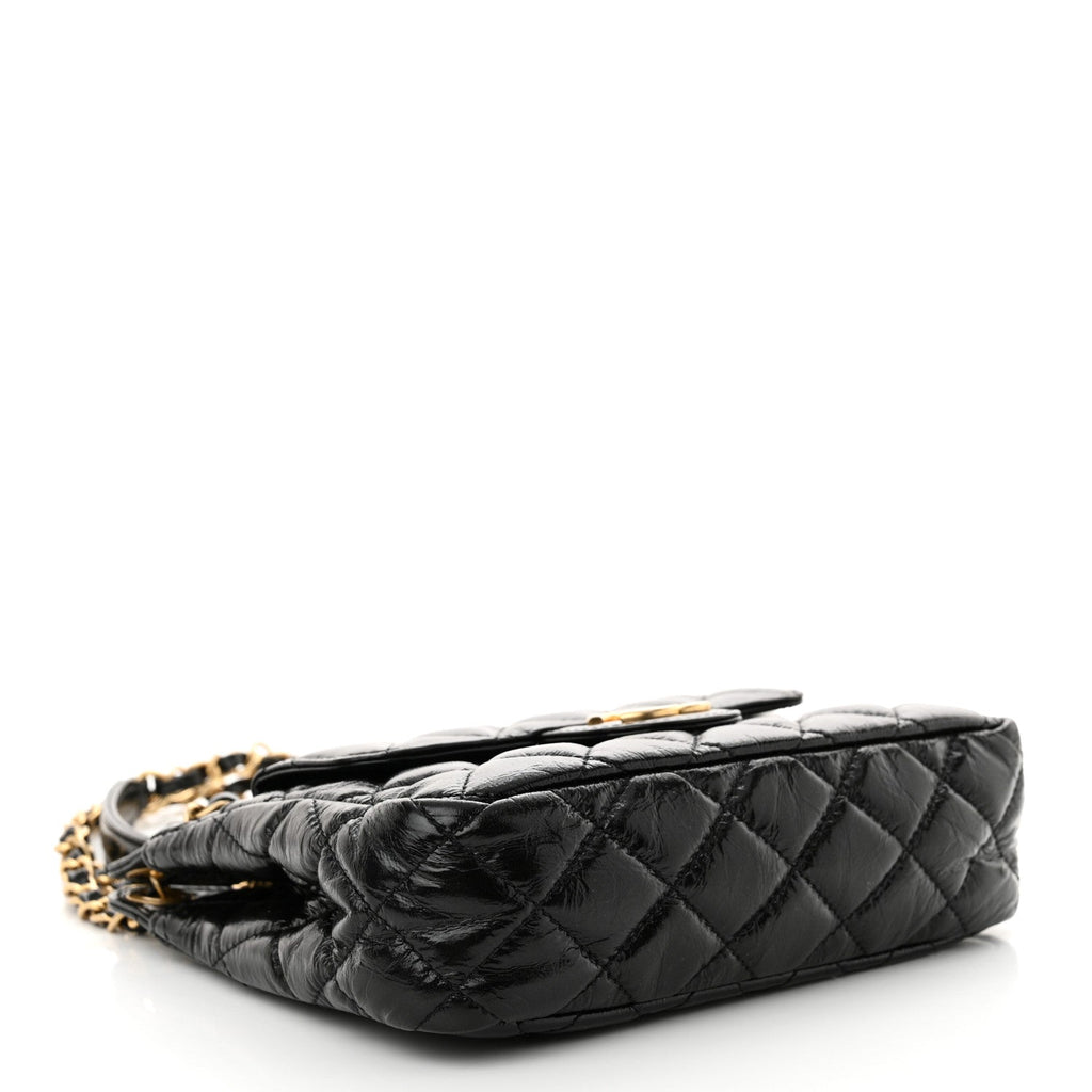Shiny Crumpled Calfskin Quilted Small Wavy CC Hobo Black