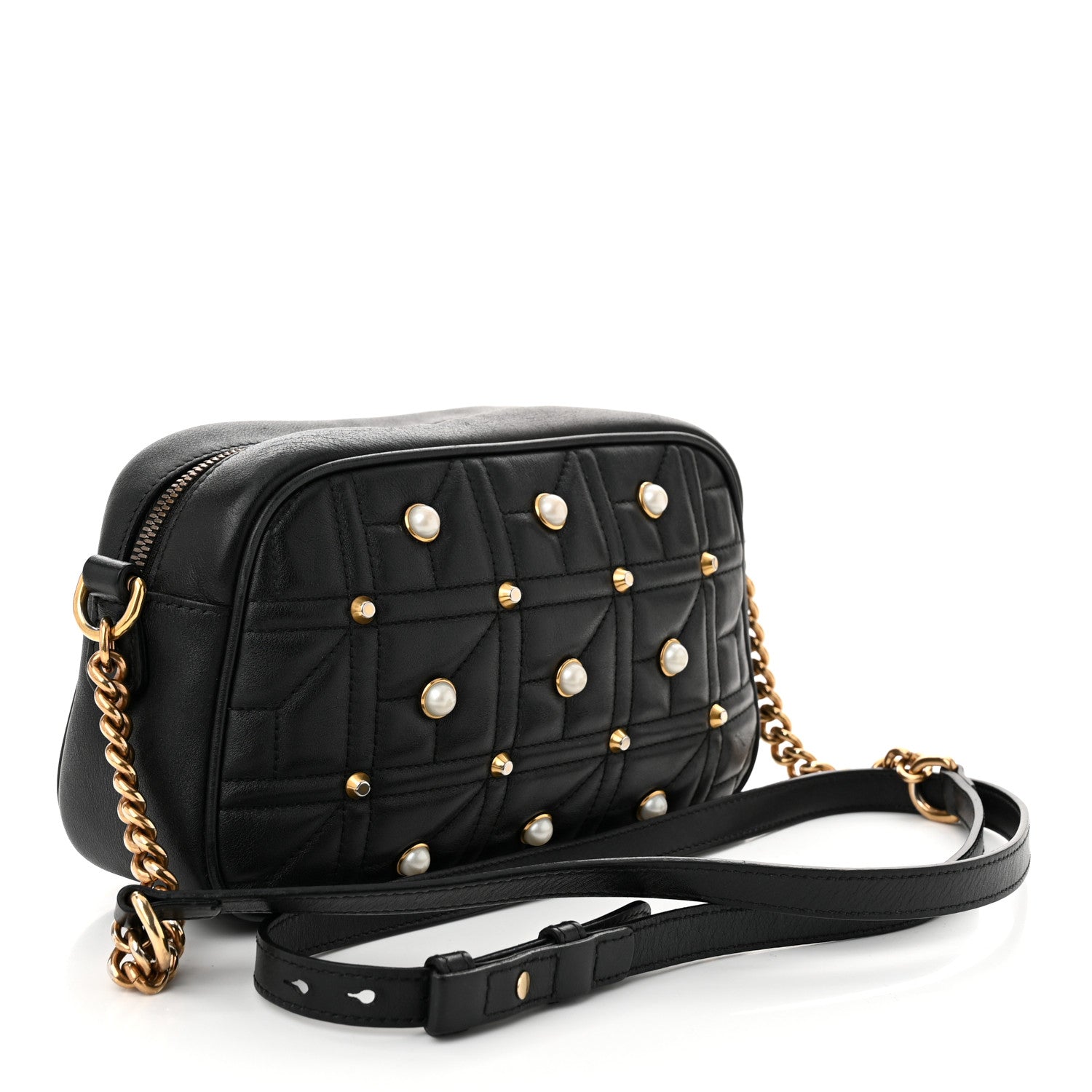 Calfskin Matelasse Studded Small Pearly GG Marmont Chain Shoulder Bag Black
