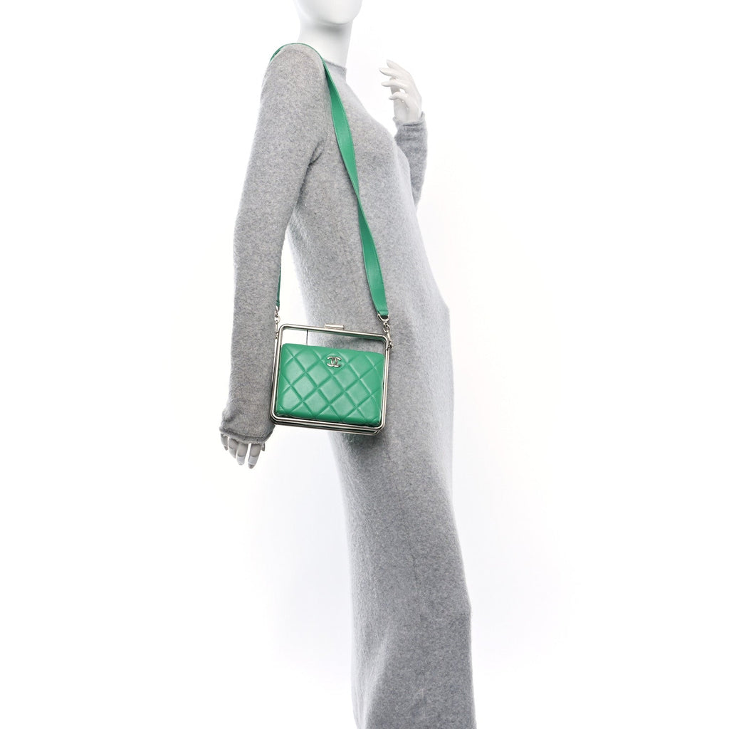 Quilted Lambskin Metal Bar Clutch Bag Green
