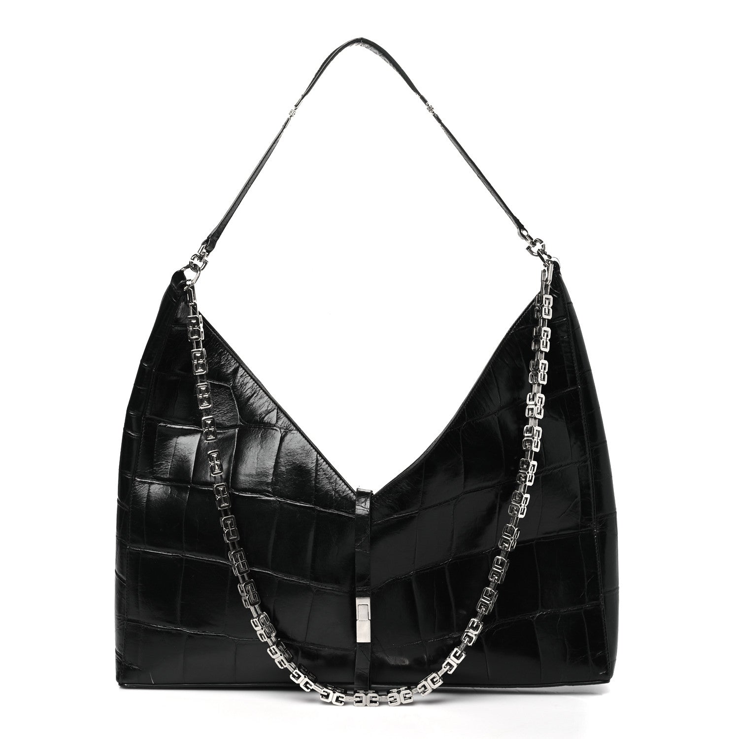 Calfskin Crocodile Embossed Large Cut Out Shoulder Bag Black