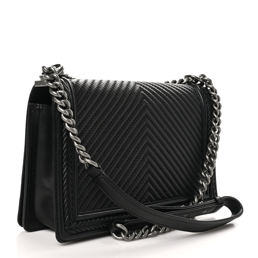 Calfskin Chevron Quilted New Medium Braided Boy Flap Black