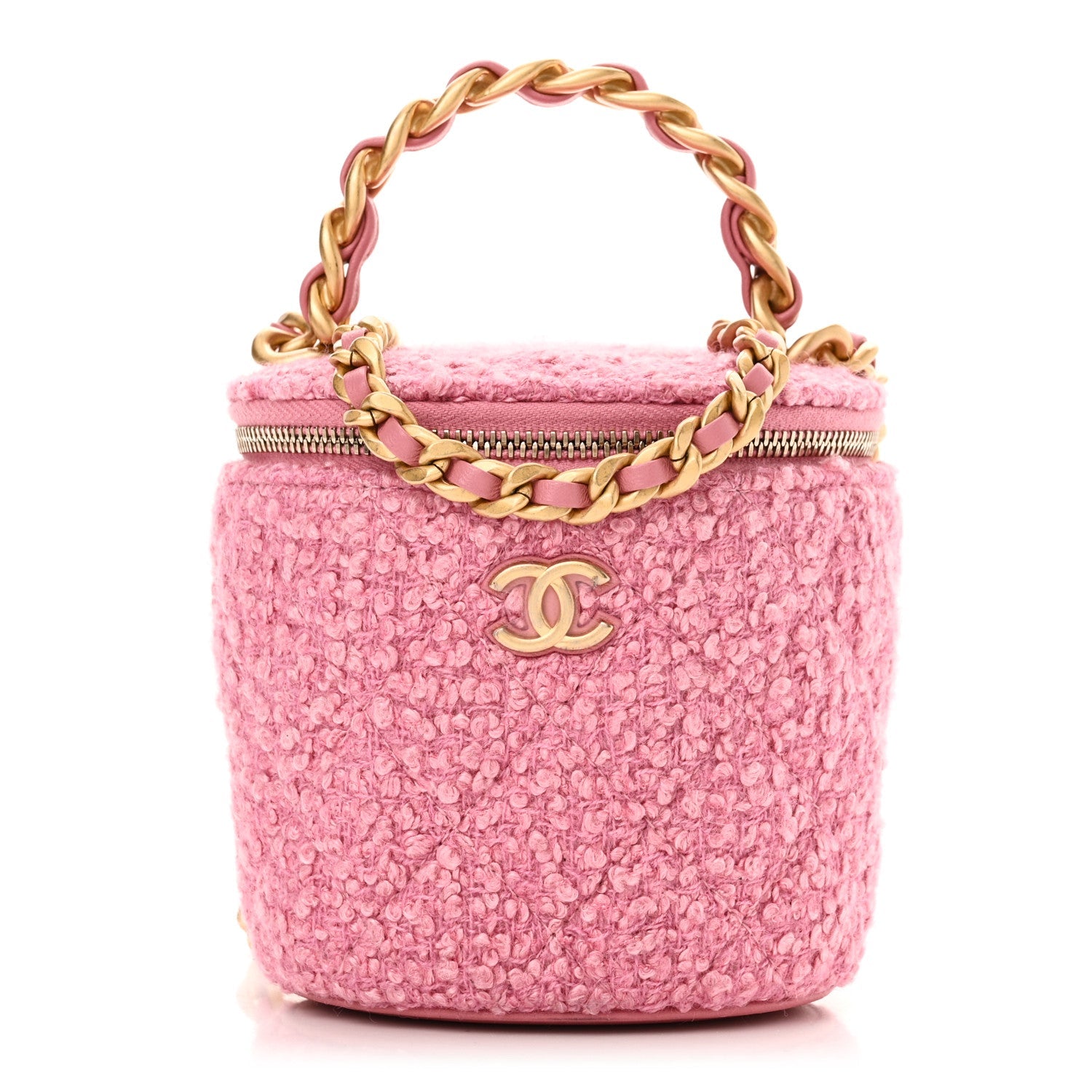 Tweed Quilted Afternoon Tea Top Handle Vanity Case With Chain Pink