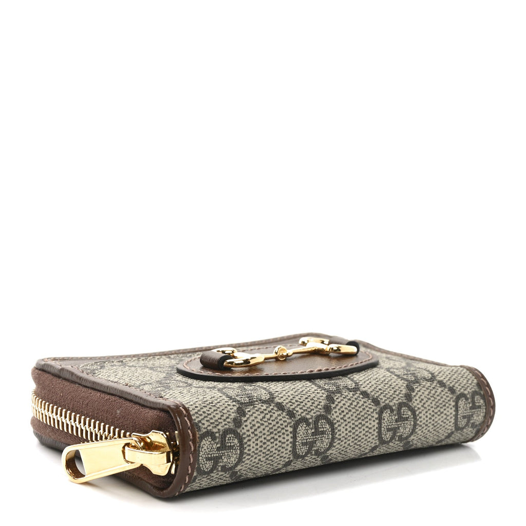 GG Supreme Monogram Azalea Calfskin Horsebit 1955 Zip Around ID  Case Wallet Beige Ebony Brown Sugar