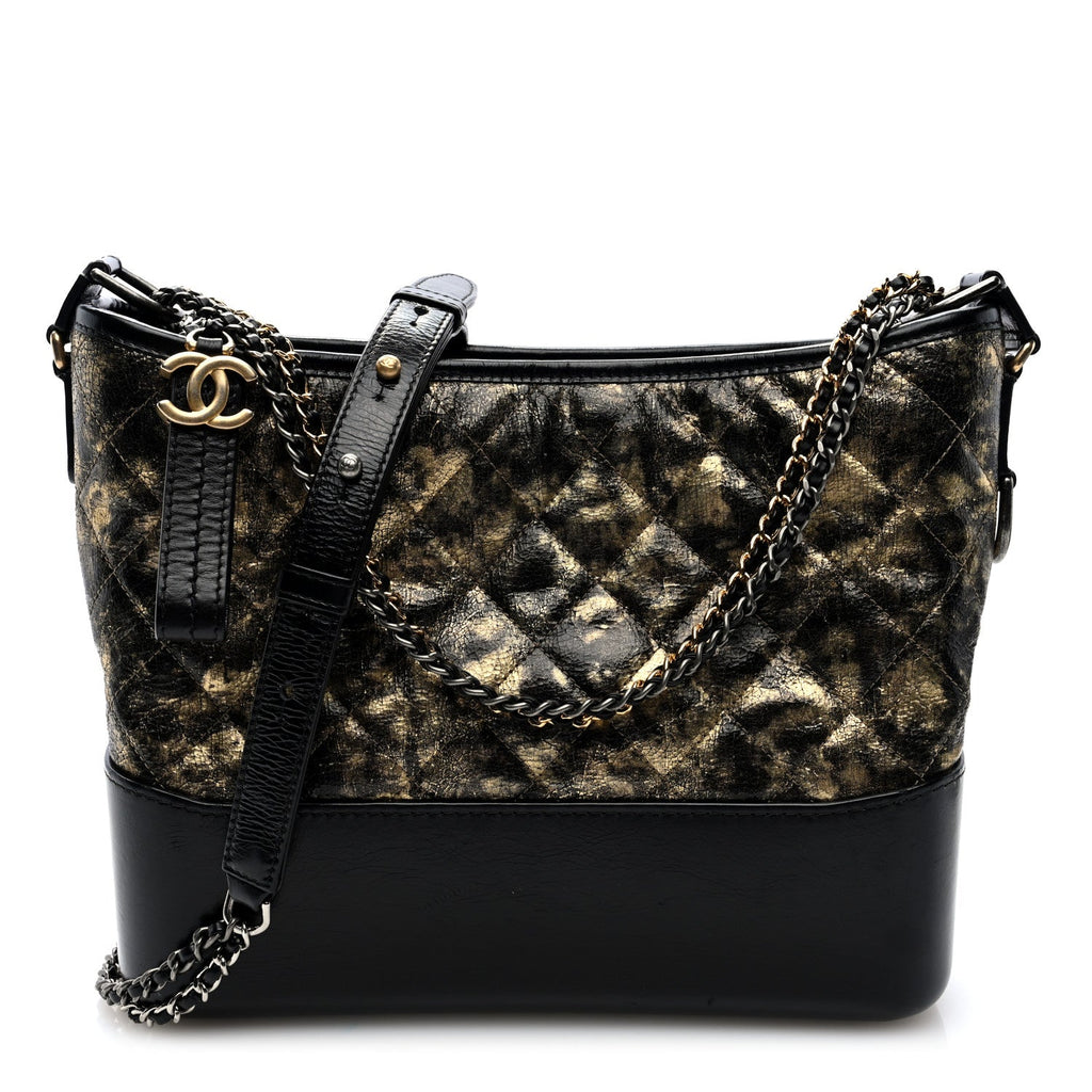 Metallic Crumpled Goatskin Quilted Medium Gabrielle Hobo Black Gold