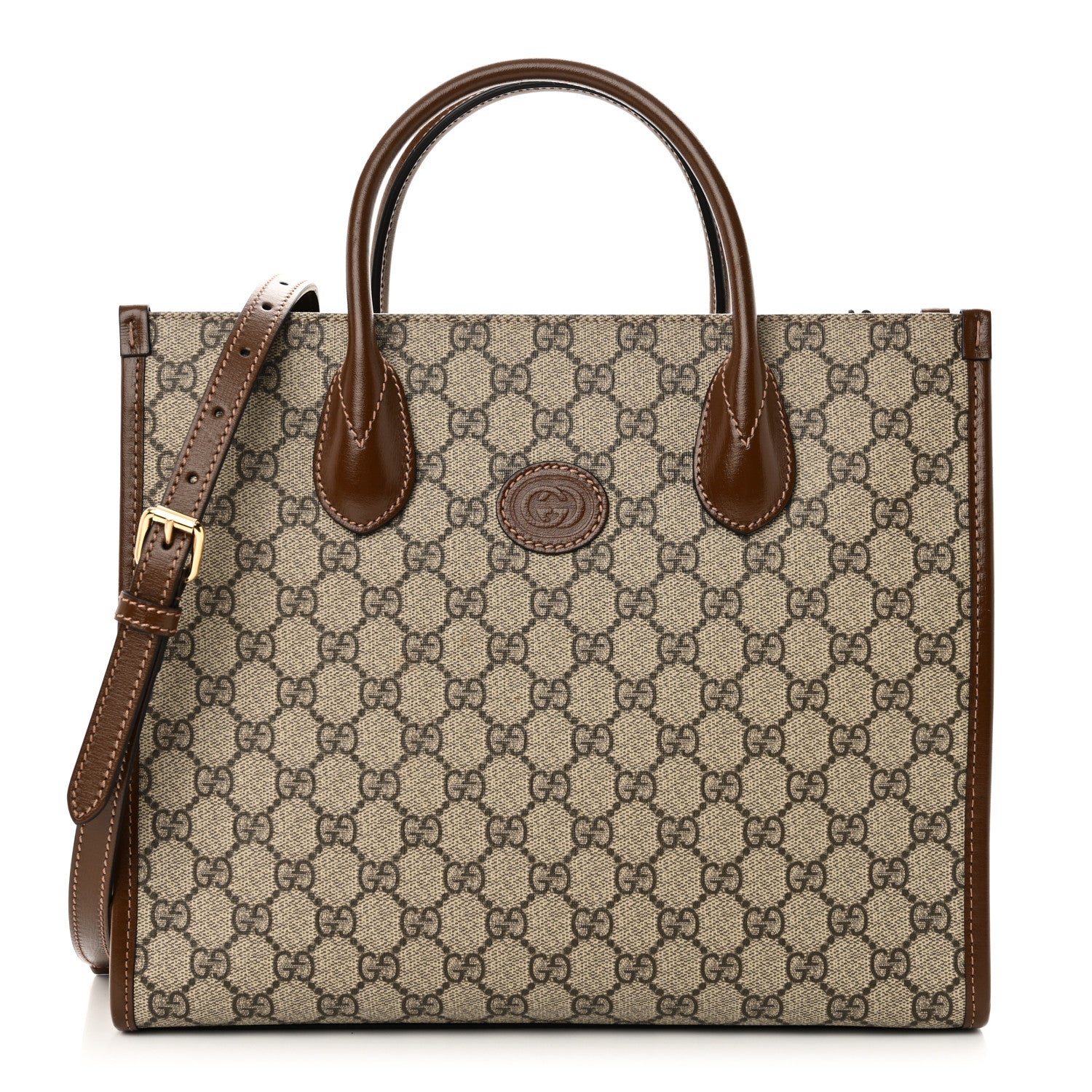 GG Supreme Monogram Azalea Calfskin Small Retro Interlocking G Tote Bag Beige Ebony Brown Sugar