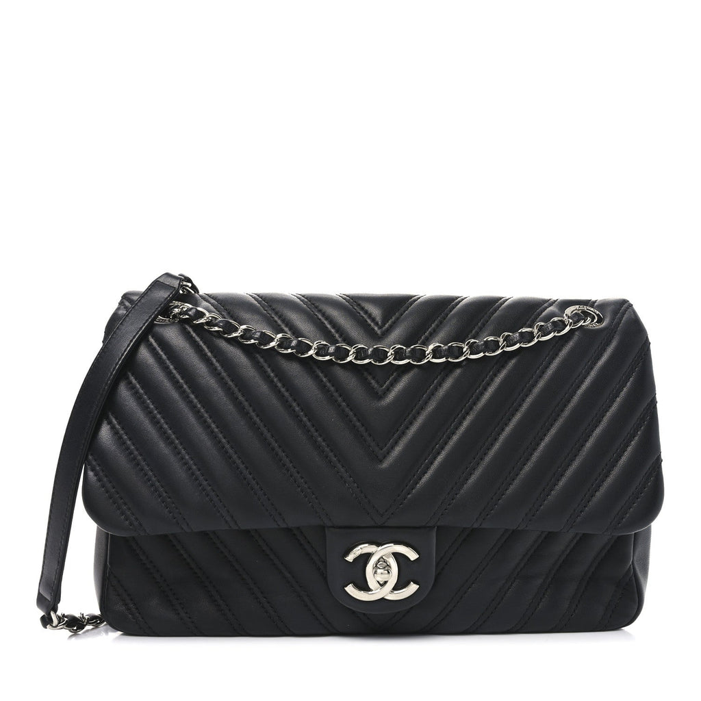 Lambskin Chevron Quilted Double Stitch Jumbo Double Flap Black
