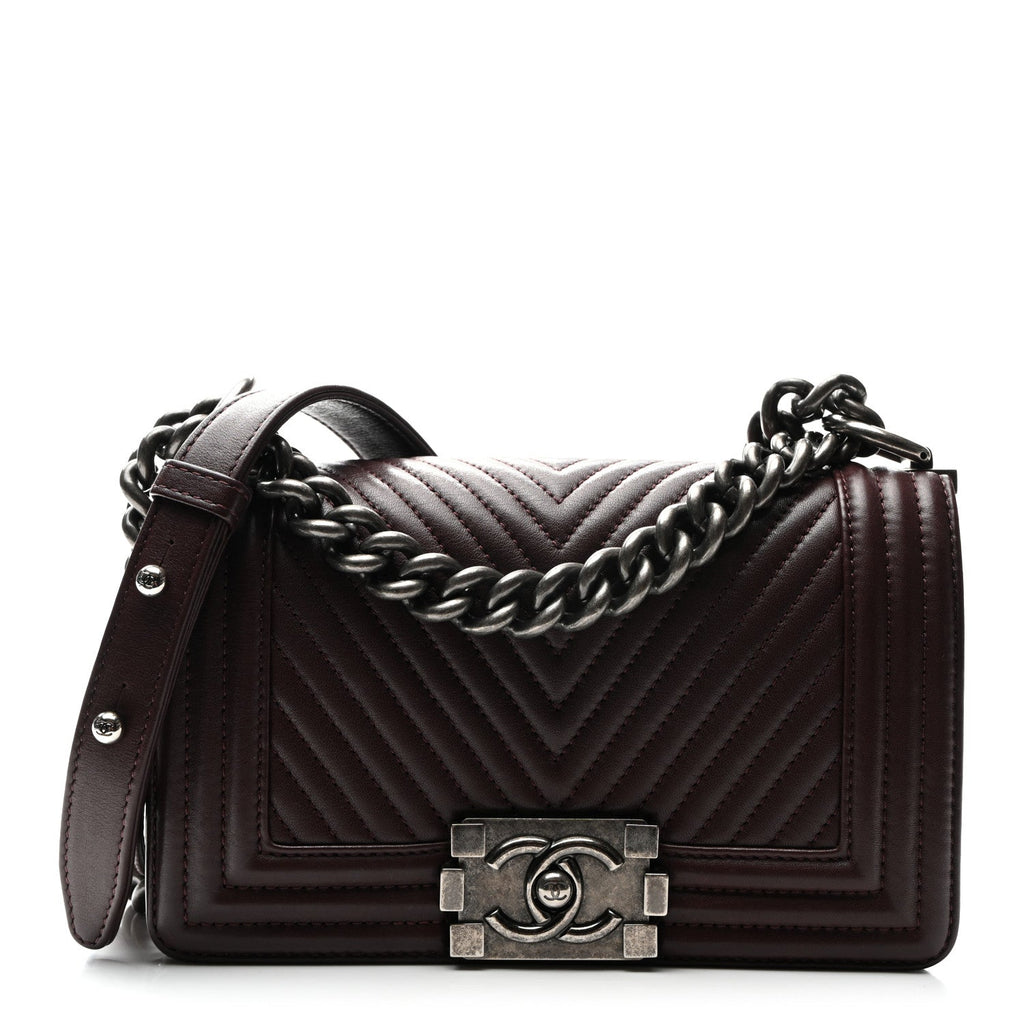 Calfskin Chevron Quilted Small Boy Flap Burgundy
