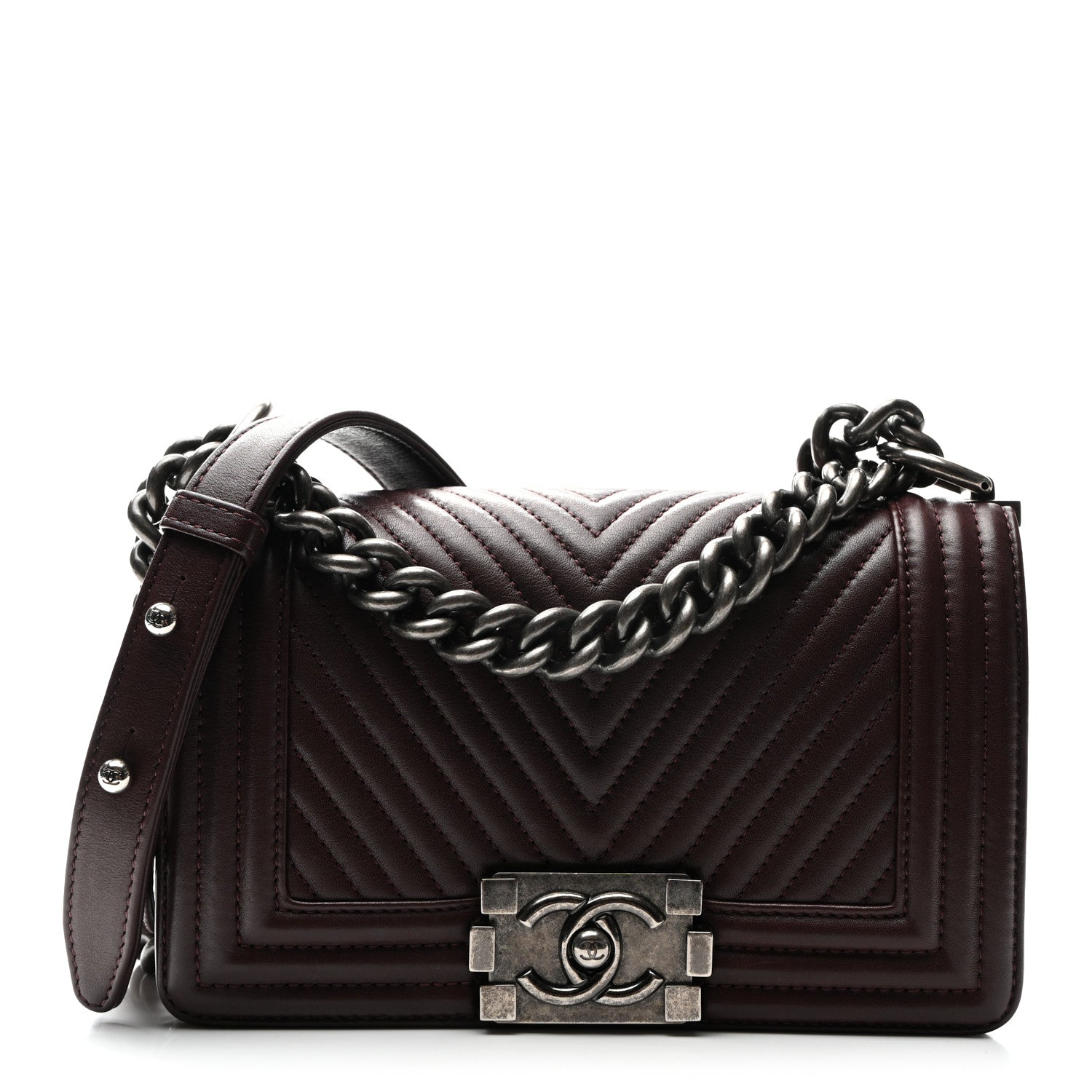Calfskin Chevron Quilted Small Boy Flap Burgundy