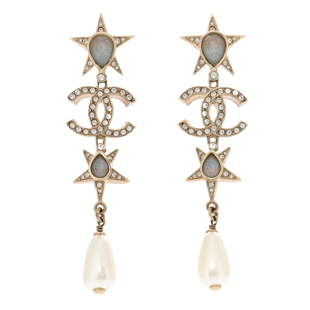 Crystal Pearl Star CC Pendant Dangle Earrings Gold Blue Pink