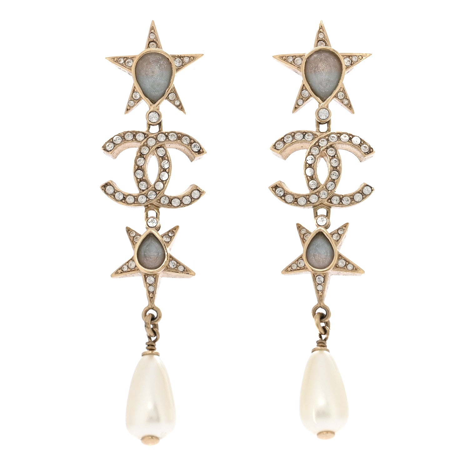 Crystal Pearl Star CC Pendant Dangle Earrings Gold Blue Pink