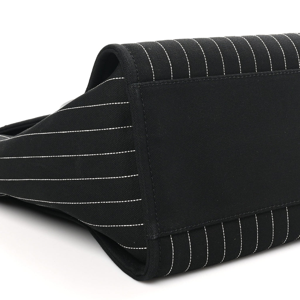 Canvas Calfskin Striped Medium Deauville Tote Black White
