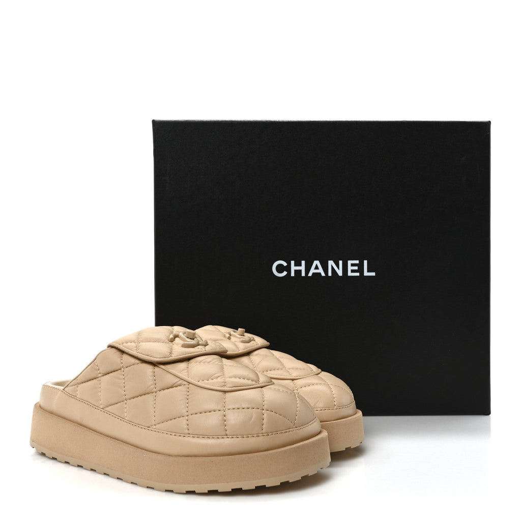 Lambskin Quilted CC Turnlock Mules  36 Beige
