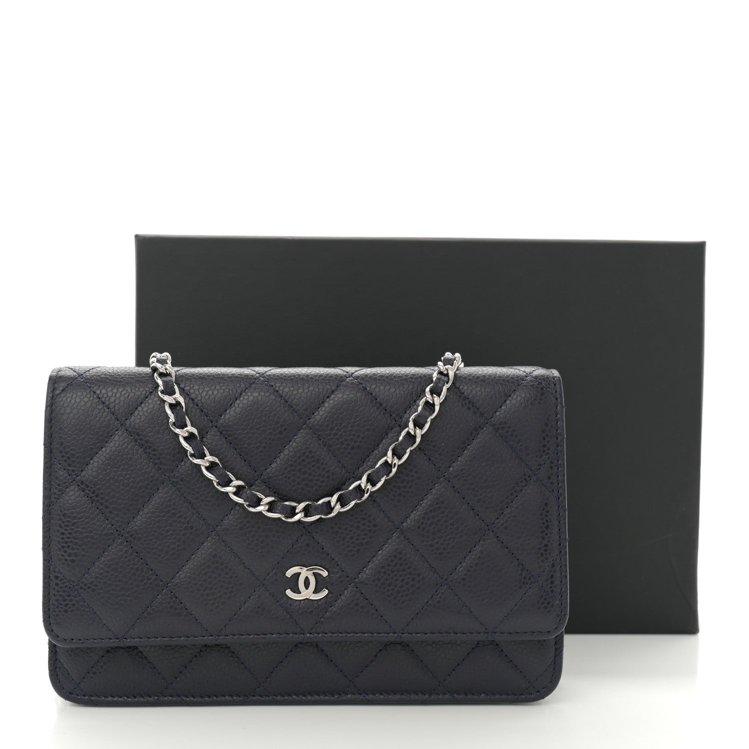 Caviar Quilted Wallet on Chain WOC Navy Blue