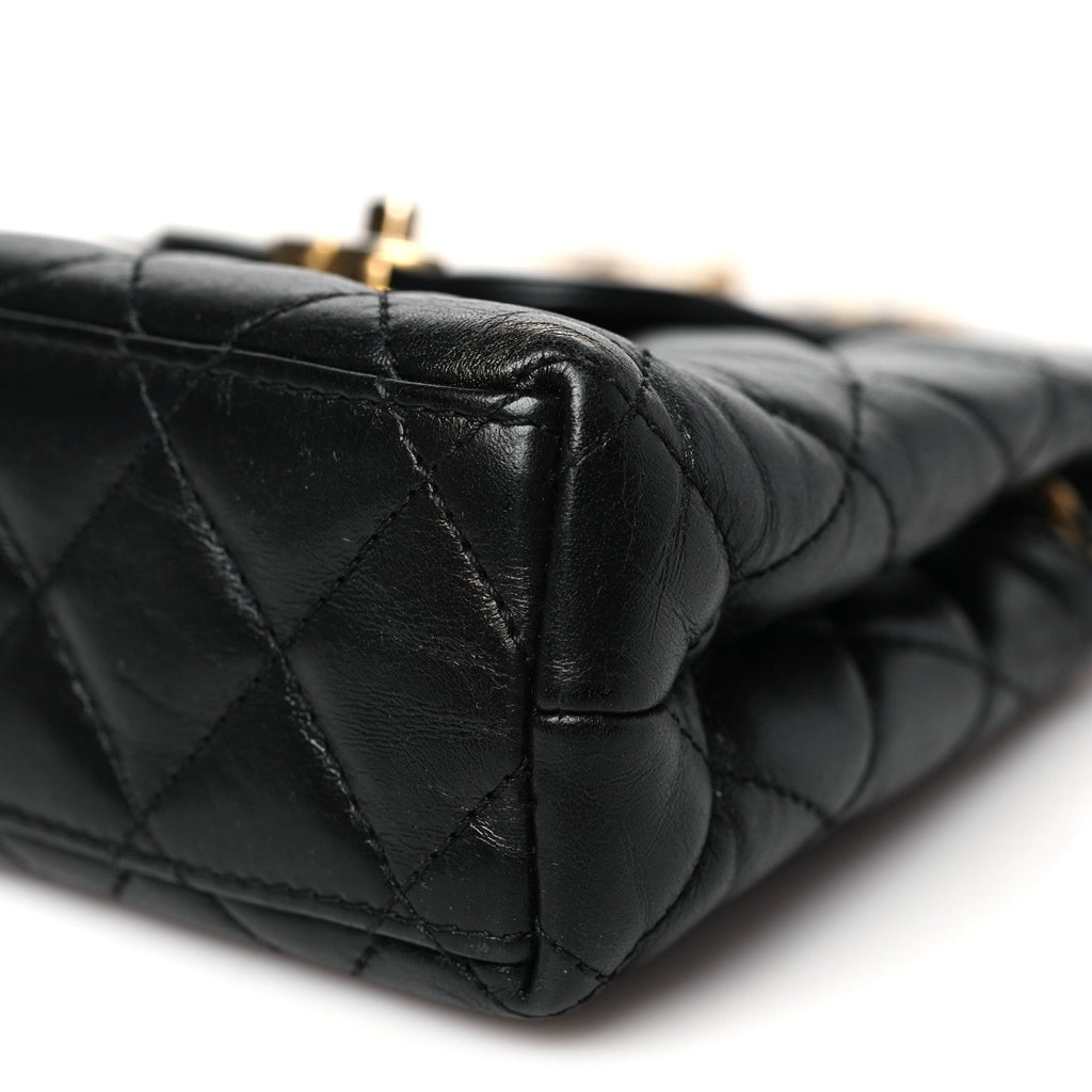 Shiny Aged Calfskin Quilted Nano Kelly Shopper Black
