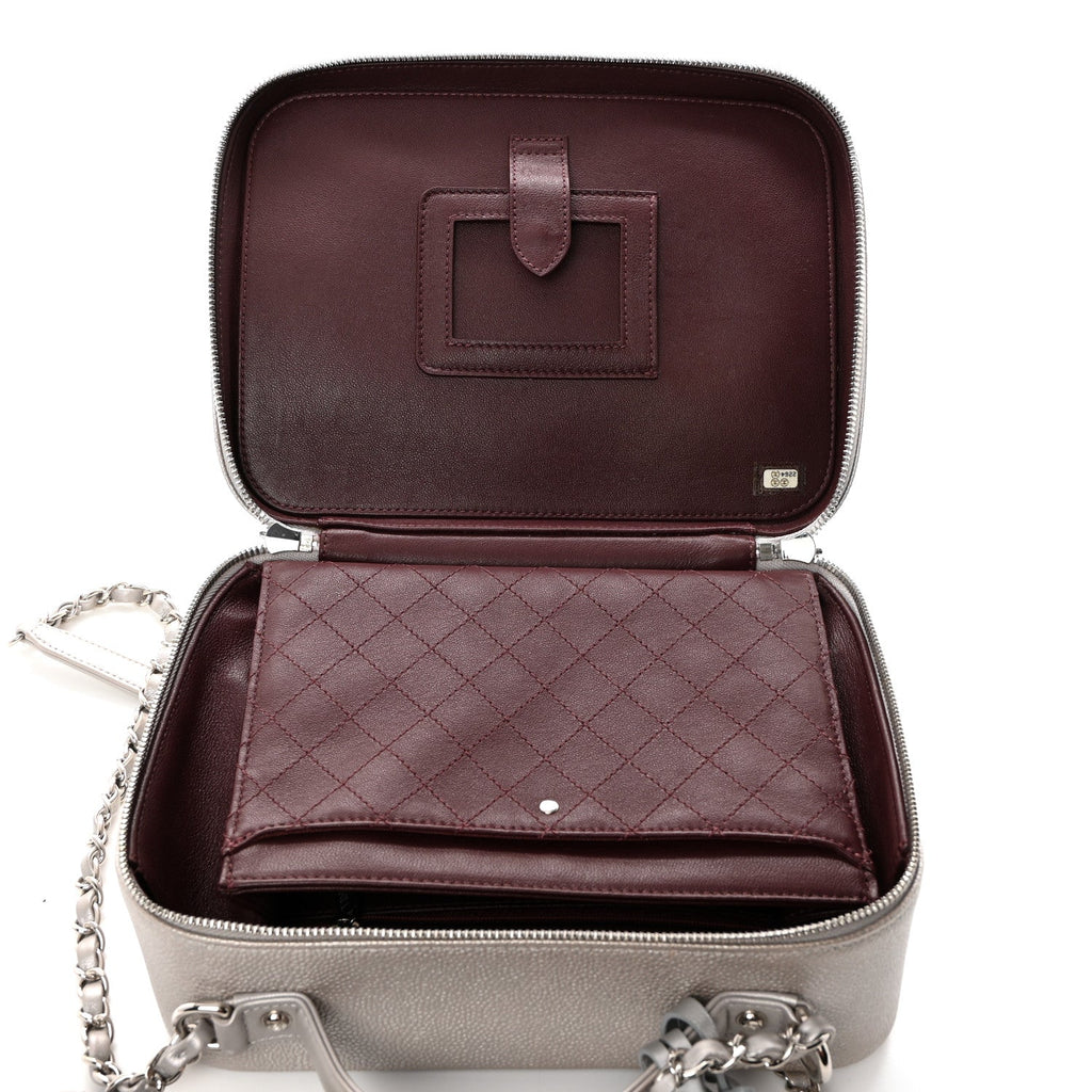 Metallic Caviar Quilted Large CC Filigree Vanity Case Silver