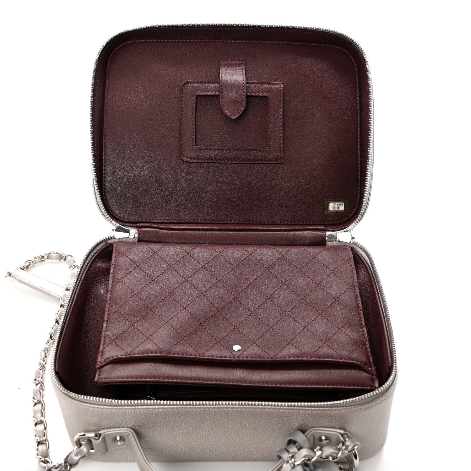 Metallic Caviar Quilted Large CC Filigree Vanity Case Silver