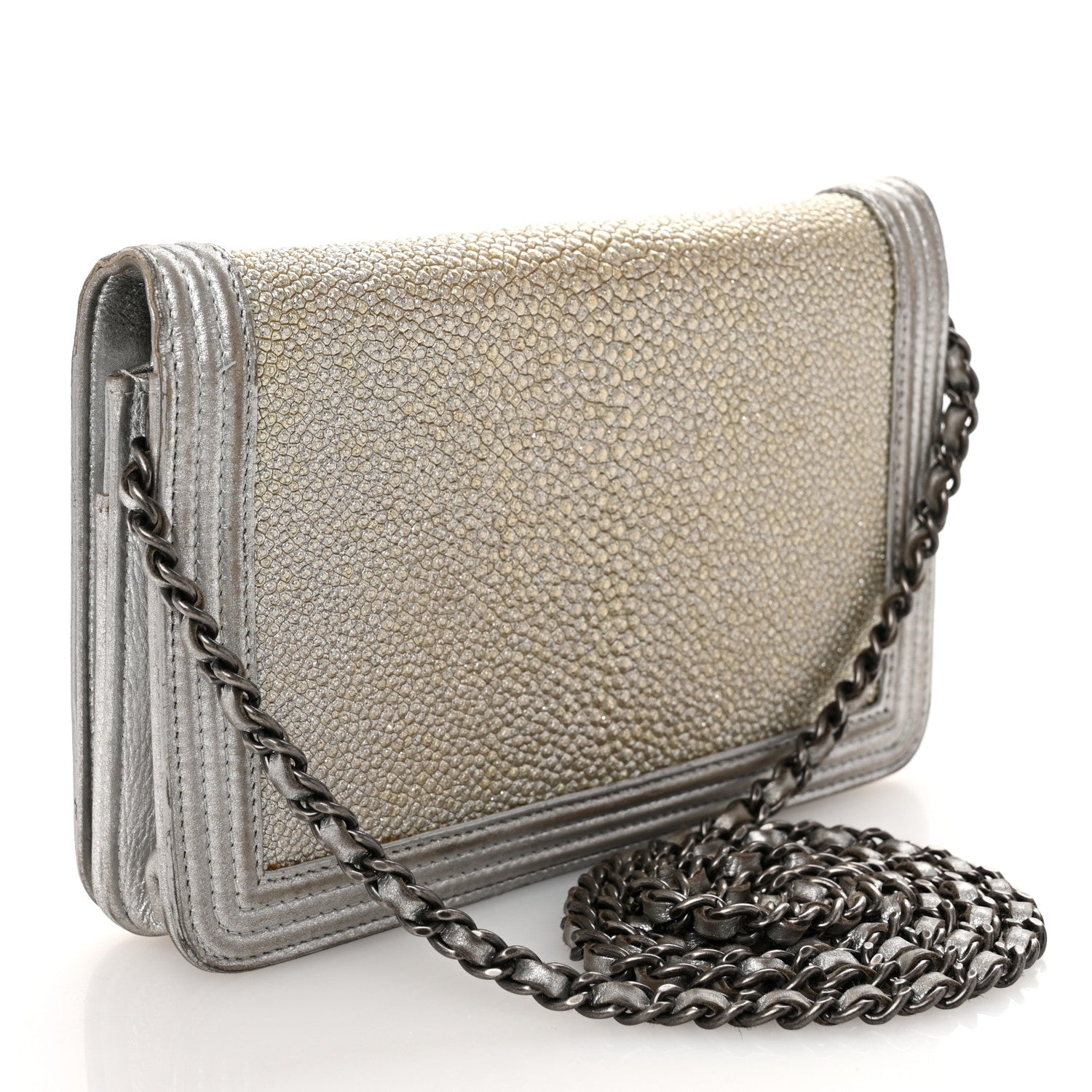 Metallic Galuchat Stingray Lambskin Boy Wallet On Chain WOC Silver