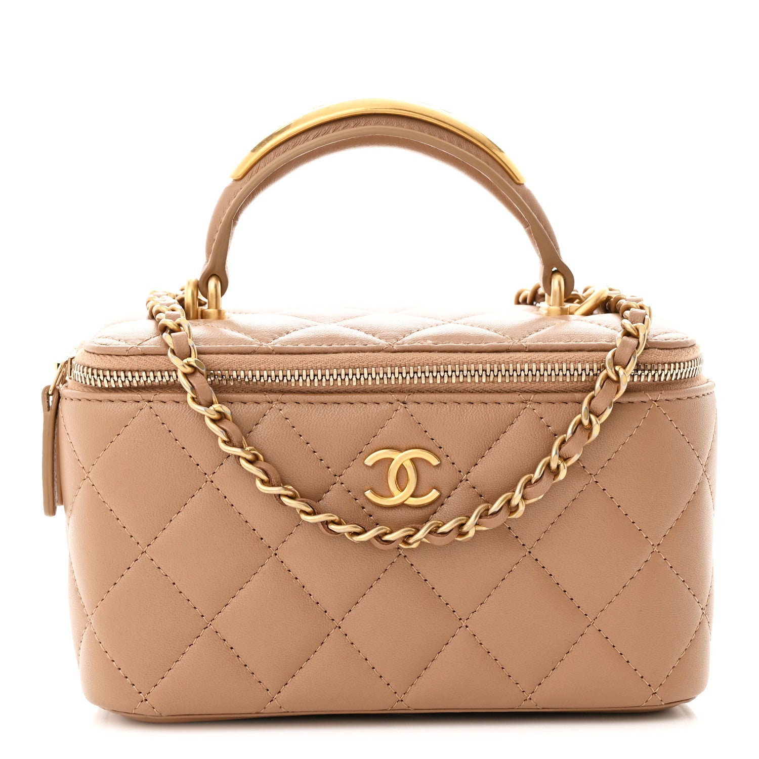 Lambskin Quilted Metal Small Top Handle Vanity Case With Chain Beige