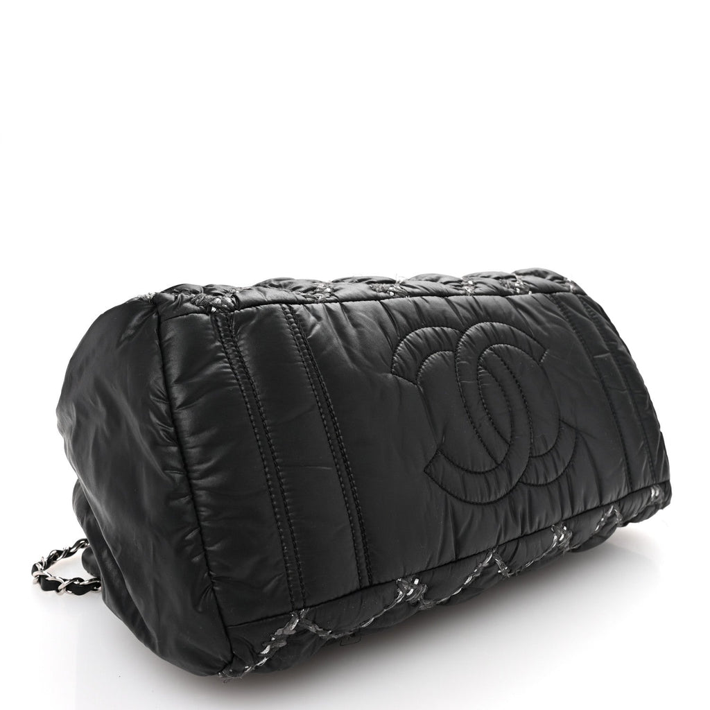 Nylon Quilted Tweed Stitch Bubble Tote Black