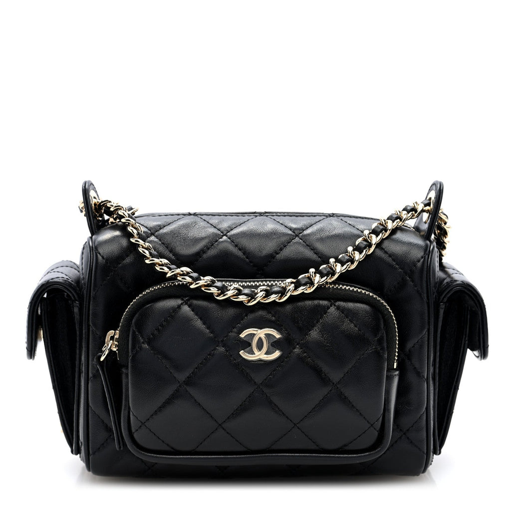 Shiny Crumpled Lambskin Quilted Small Preppy Pocket Camera Case Black