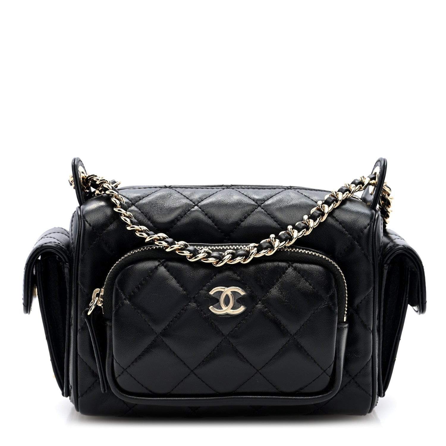 Shiny Crumpled Lambskin Quilted Small Preppy Pocket Camera Case Black