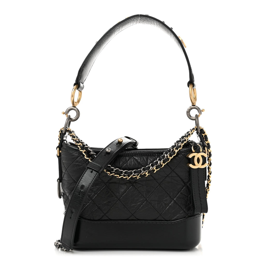 Aged Calfskin Quilted Small Gabrielle Logo Hobo Black