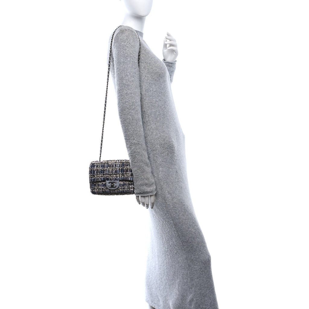 Tweed Quilted Mini Side Pearl Flap Bag Grey