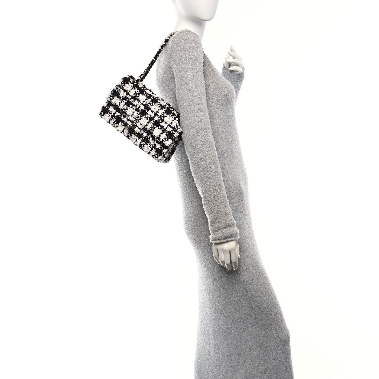 Tweed Quilted Medium Double Flap Black Ecru White