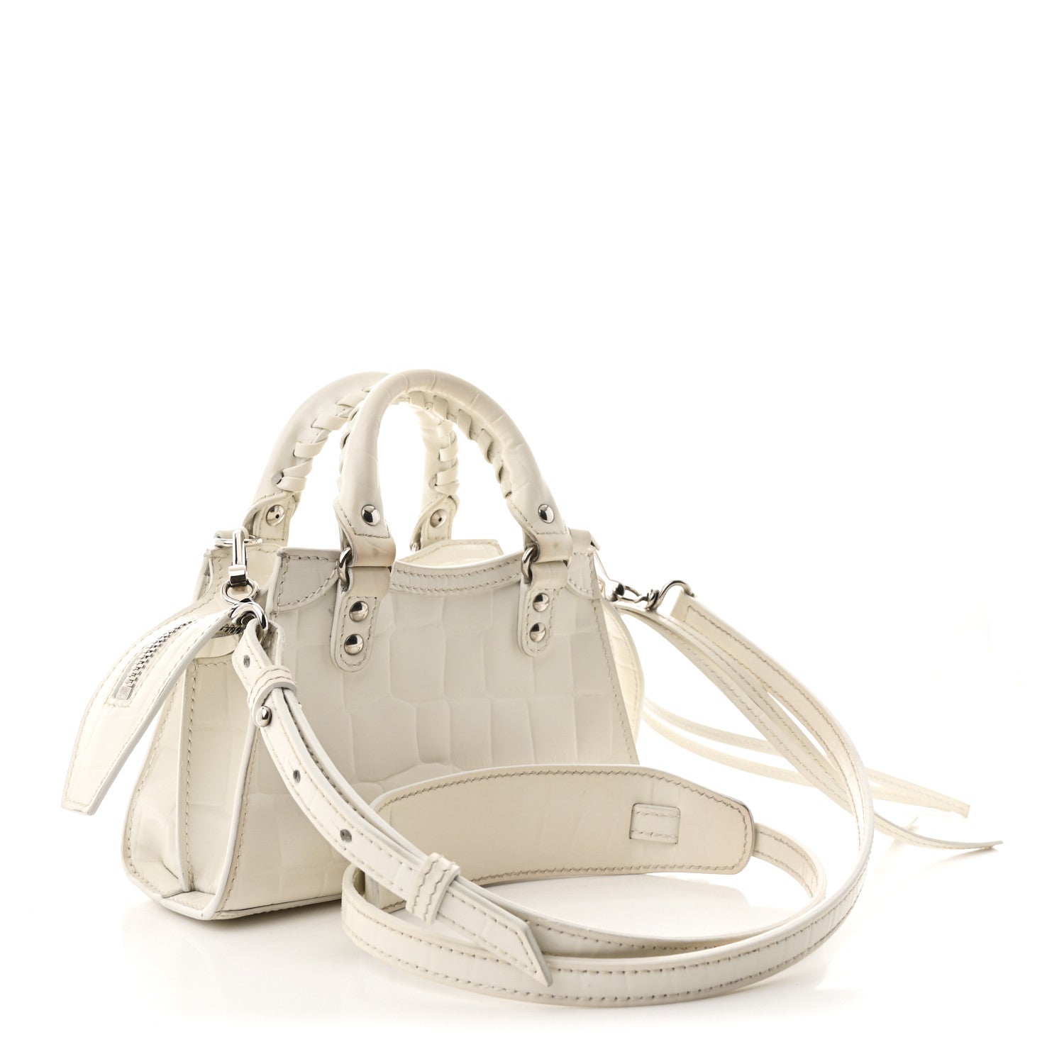 Semi Shiny Calfskin Crocodile Embossed Neo Classic Silver Hardware Nano City Crossbody White