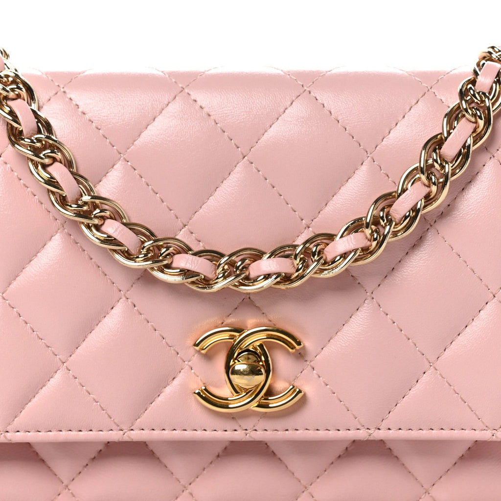 Shiny Lambskin Quilted Golden Links Wallet On Chain WOC Light Pink