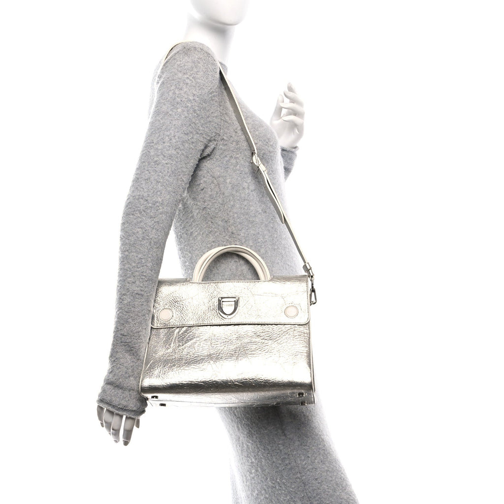 Metallic Calfskin Medium Diorever Flap Silver