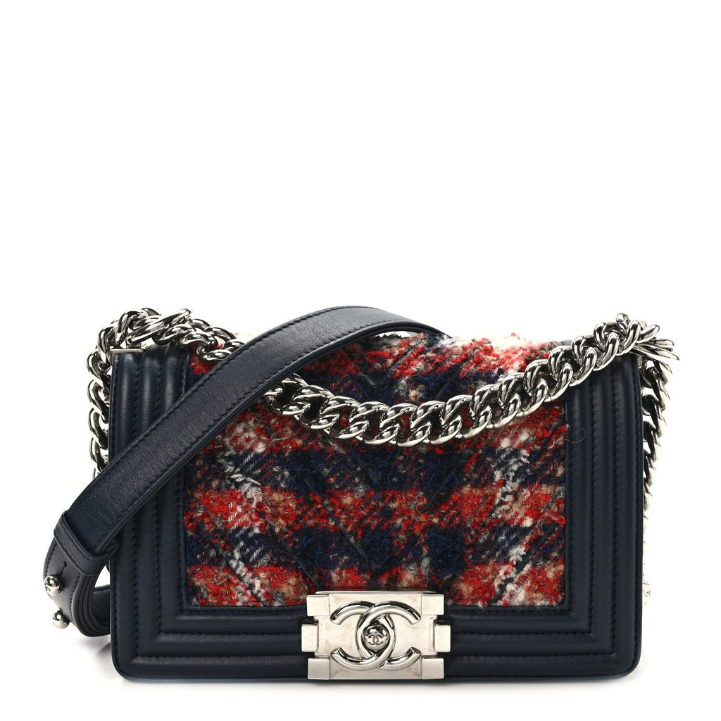 Lambskin Tweed Chevron Small Boy Flap Navy Blue