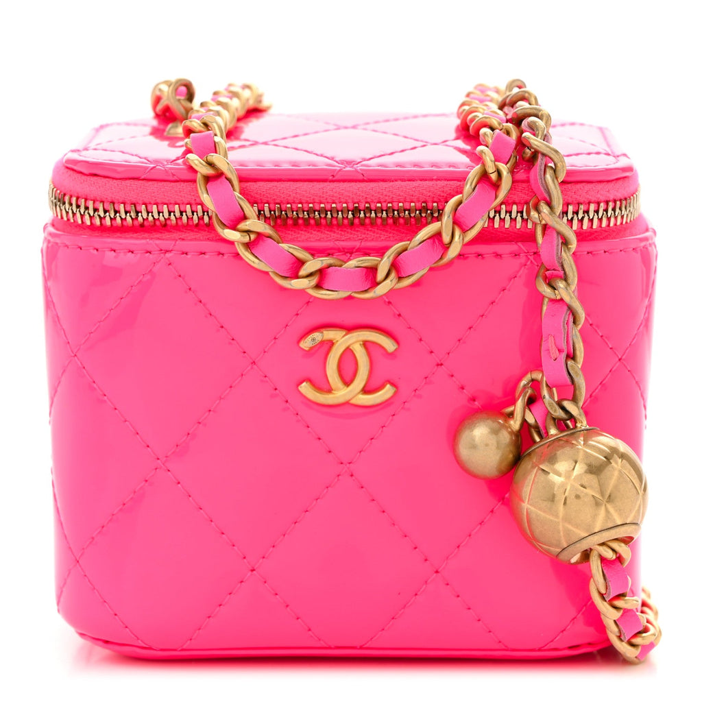 Patent Quilted Pearl Crush Mini Vanity Case With Chain Neon Pink