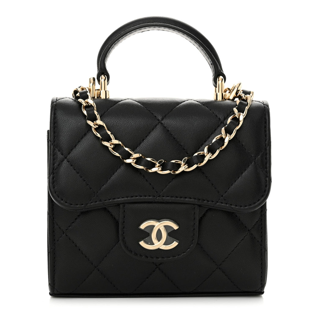 Lambskin Quilted Top Handle Flap Clutch With Chain  Black