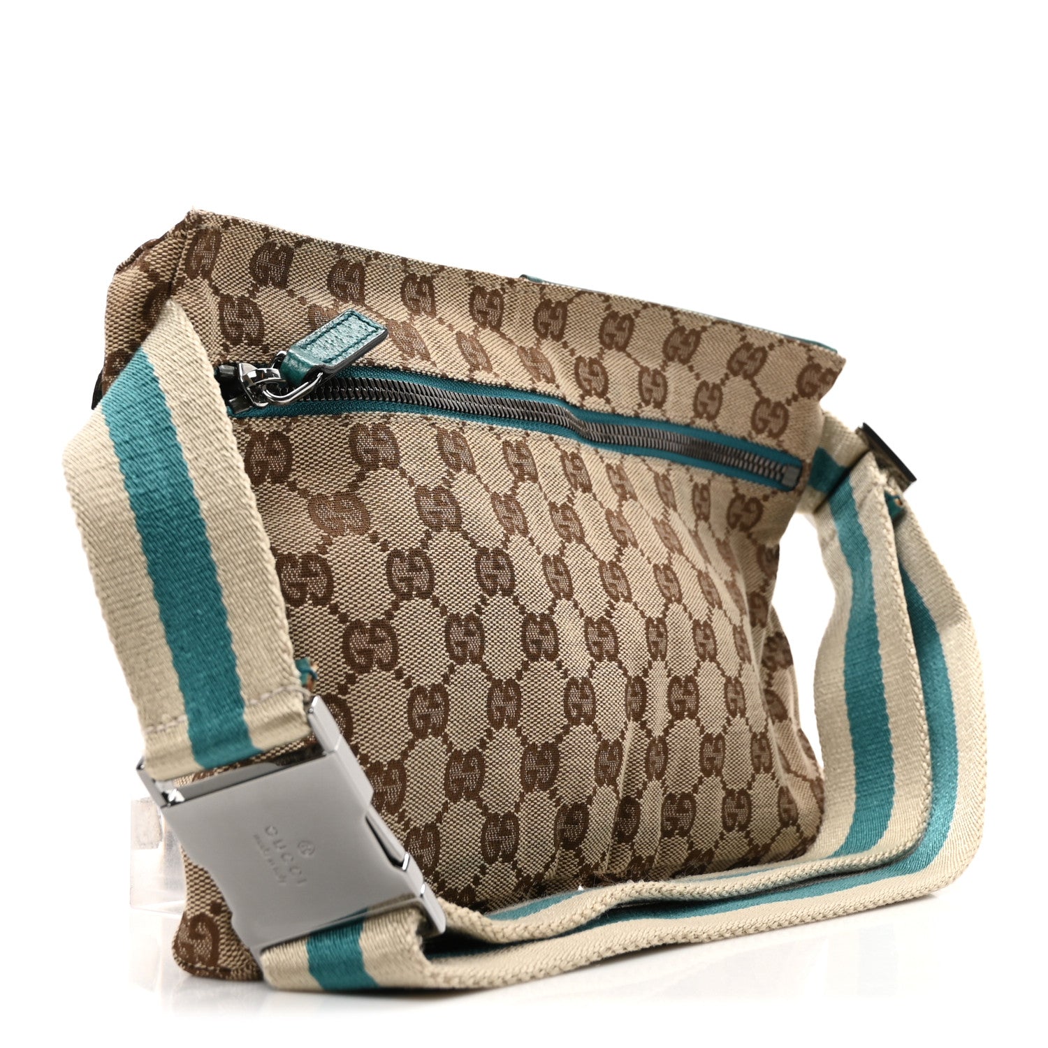 GG Monogram Web Double Pocket Belt Bag Turquoise