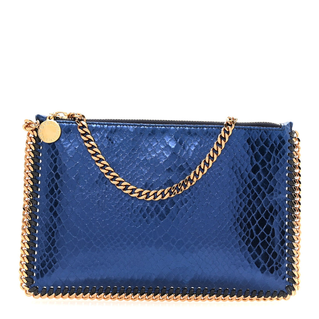 Metallic Faux Snakeskin Falabella Clutch Blue